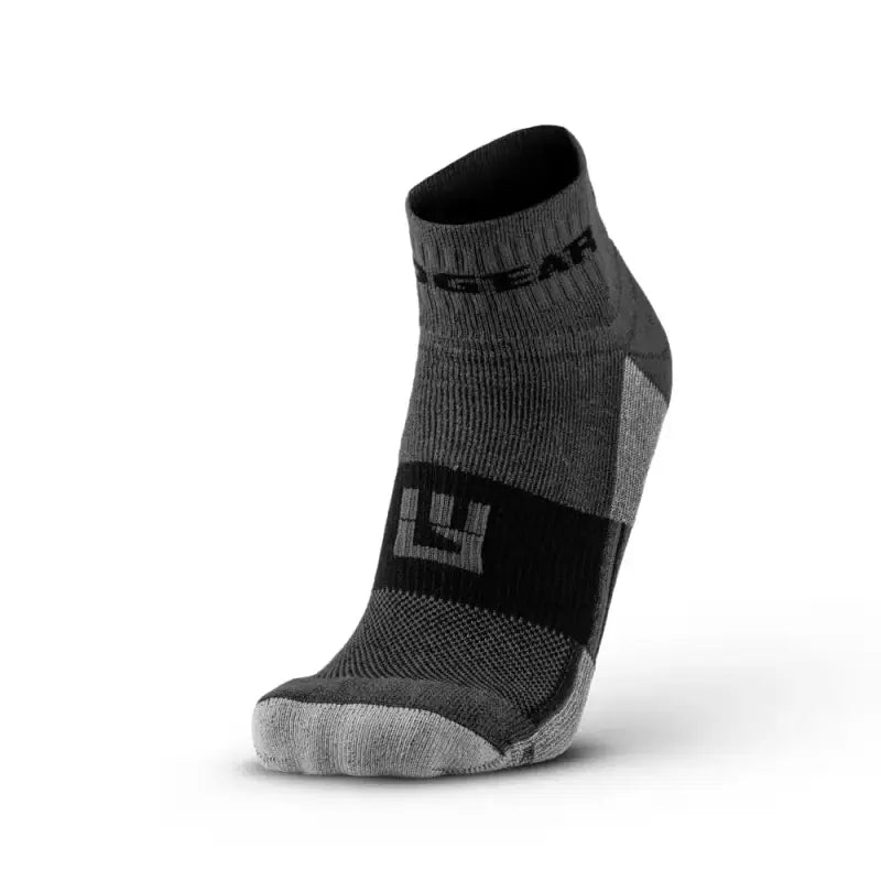 Gray and black MudGear Quarter socks with reinforced heel and toe for trail running