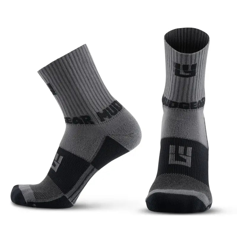 Gray and black MudGear 5’’ Crew Height Trail Running Socks with ribbed design and logo