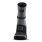 Gray and black MudGear 5’’ crew height trail running socks with logo detailing