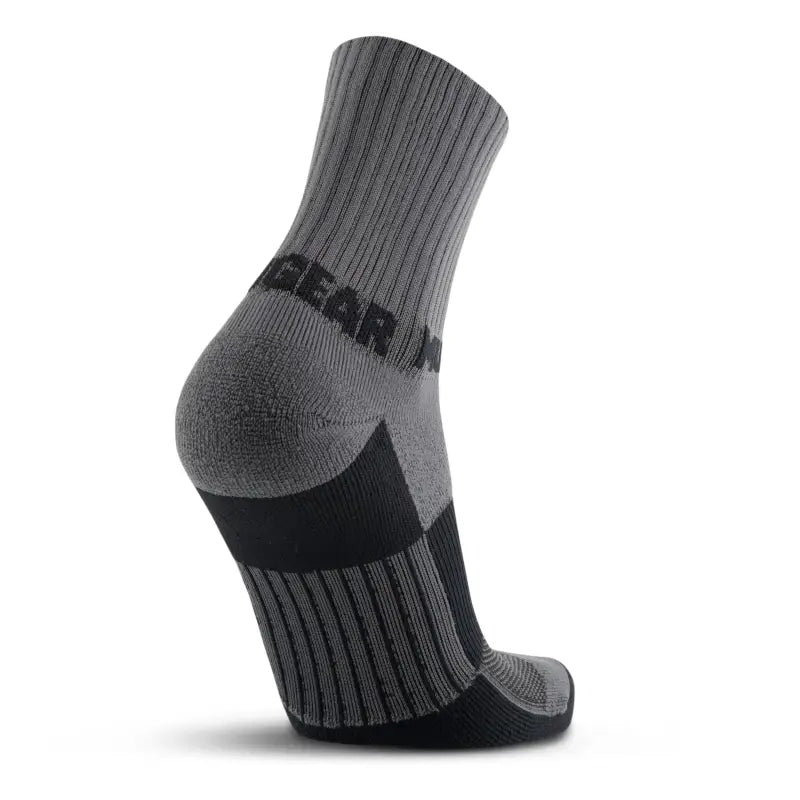 Gray and black MudGear 5’’ Crew Height Trail Running Socks with ribbed texture