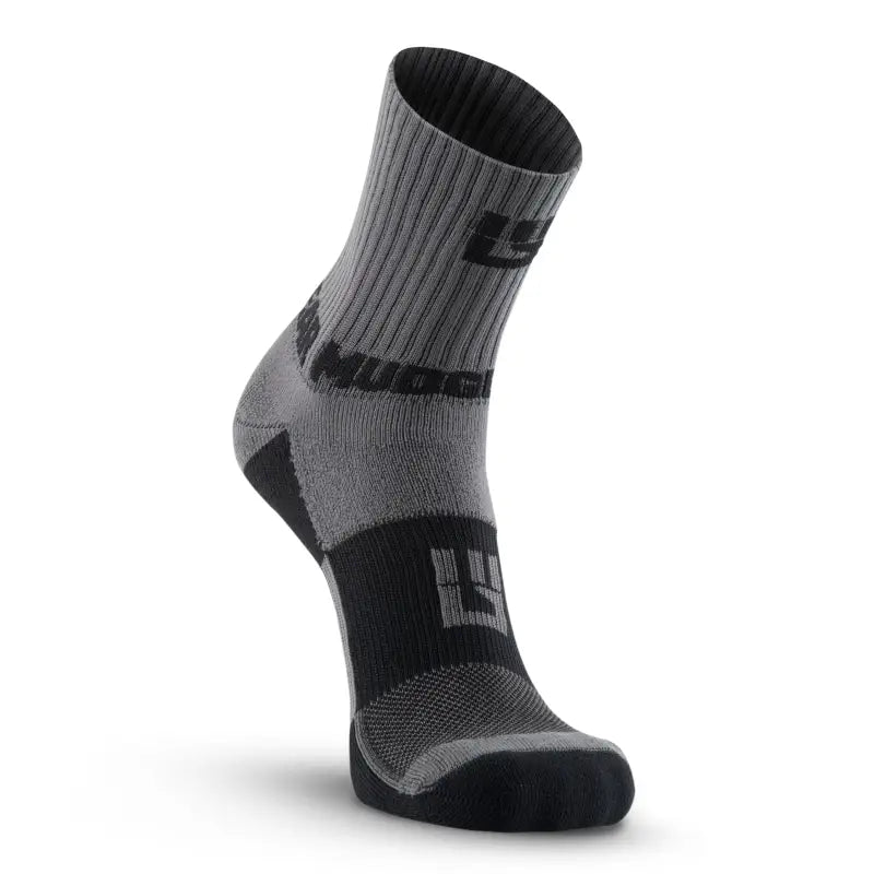 Gray and black MudGear 5’’ Crew Trail Running Socks with cushioned design and ribbed zones