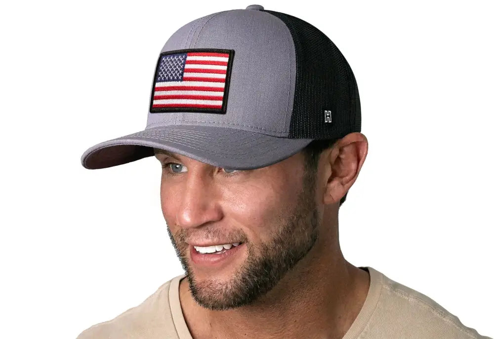 Gray and black baseball cap with American flag patch, perfect American Flag Trucker Hat