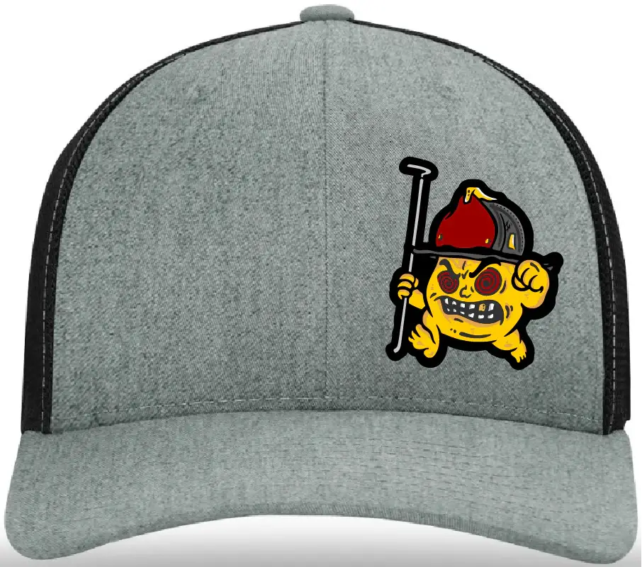 Gray and black baseball cap with cartoon patch featuring backdraft bastard leather patch for first responders