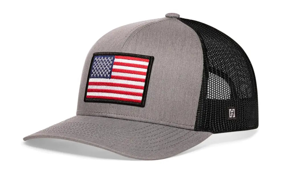 Gray and black mesh American Flag Trucker hat with USA patch for stylish wear