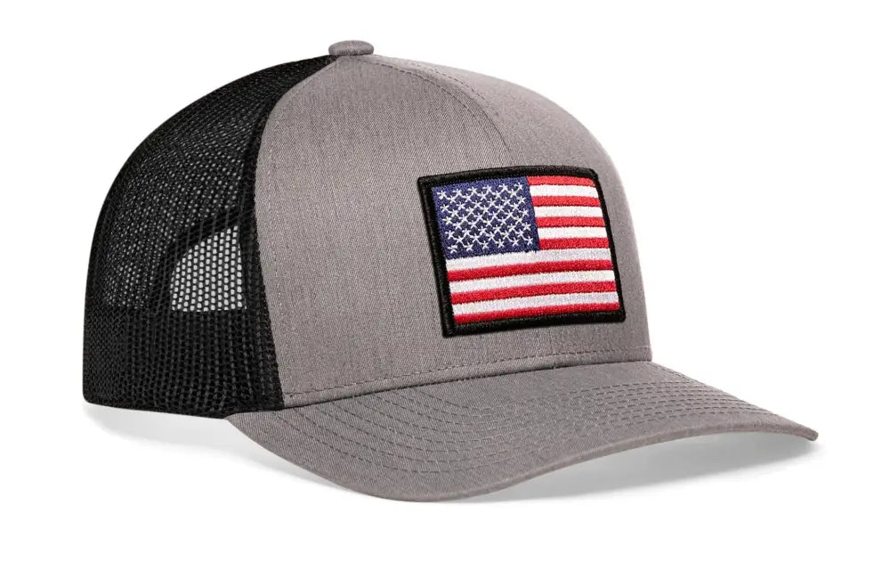 Gray and black USA snapback American Flag Trucker Hat with flag patch design