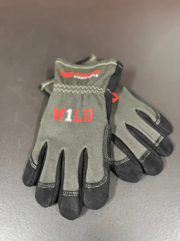 Gray and black Wild-1 Wildland Firefighting Glove with red WILD text for safety