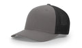 Gray and black trucker hat with serpent skull leather patch for a stylish look