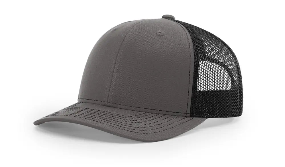 Gray and black trucker hat with leather patch for first responders or firefighter fans