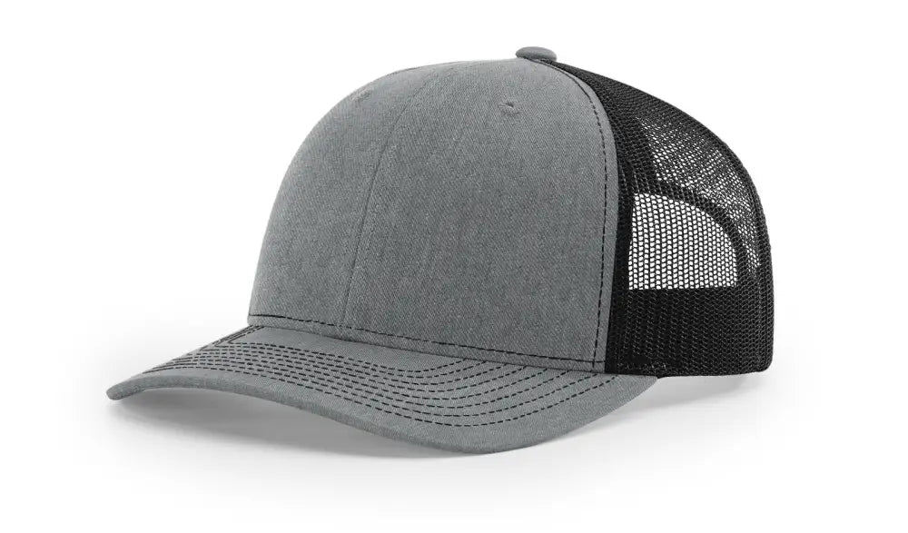 Gray and black trucker hat with leather patch for first responders and firefighter support