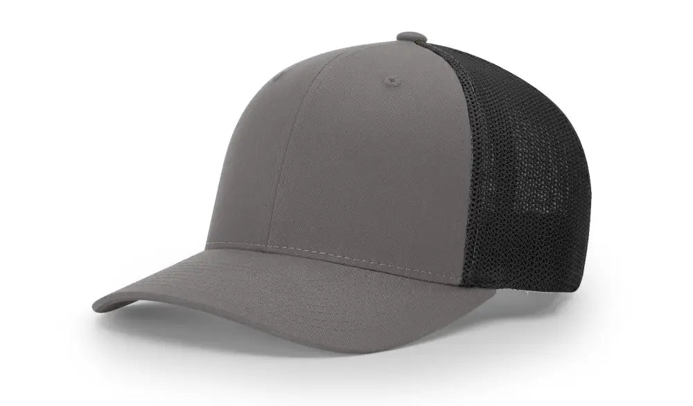 Gray and black trucker hat with leather patch for first responders and firefighter support