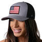 Gray and black USA snapback featuring an American flag trucker patch design