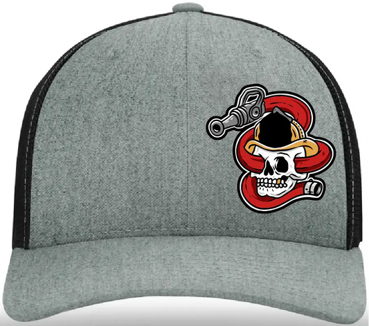 Gray and black trucker hat with skull and fire hose design for first responders firefighter police