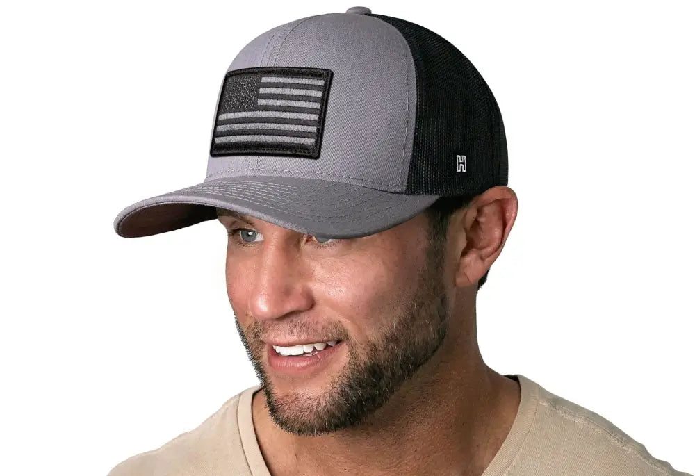 Gray and black USA snapback American Flag Trucker Hat with patch design