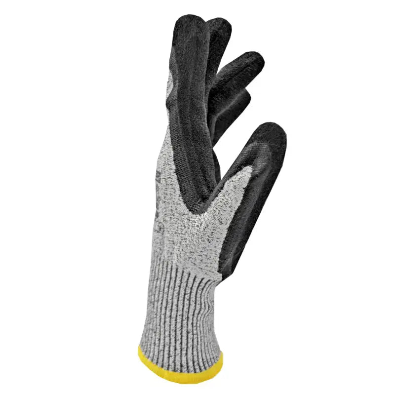 Gray and black cut-resistant safety work gloves with sandy nitrile dipped palms