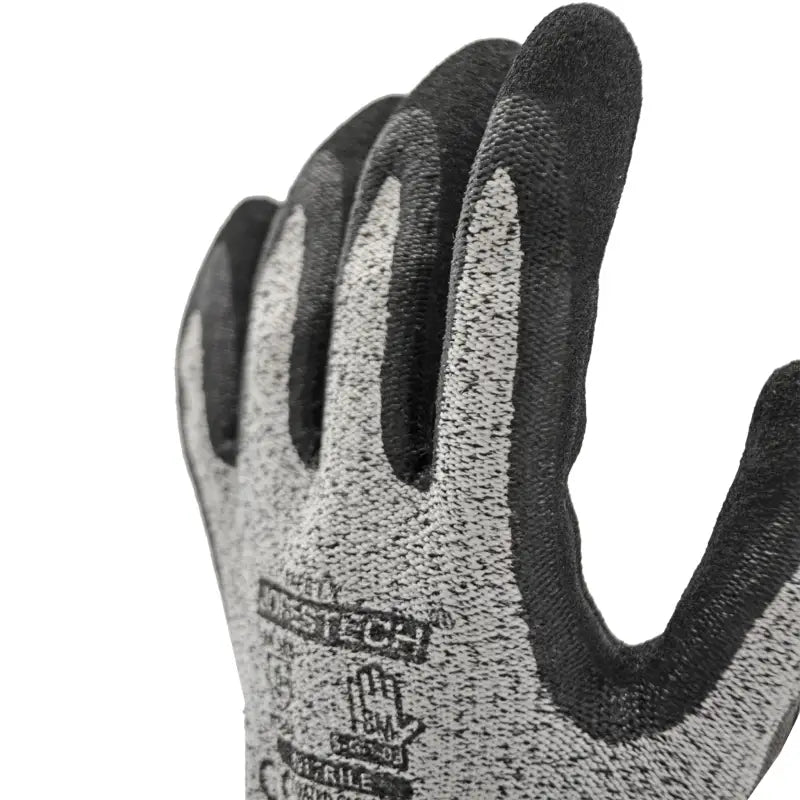 Gray and black cut-resistant safety work gloves with sandy nitrile dipped palms