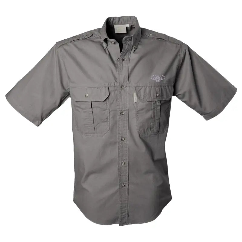 Gray button-down short sleeve shirt with chest pockets from TAG Safari Buffalo Logo Trail