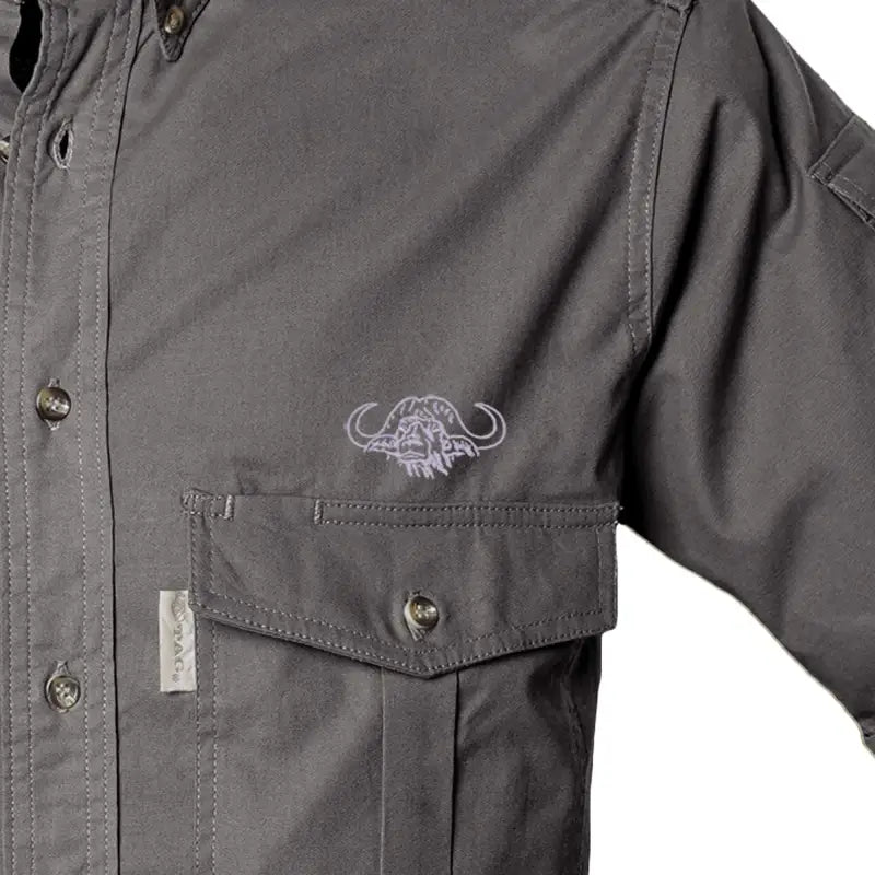 Gray Shooter Shirt for Men with Embroidered Buffalo Logo and functional cross-stitched epaulettes