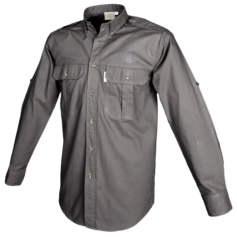 Gray Trail Shirt for Men with Embroidered Buffalo Logo, Long Sleeves, Chest Pockets