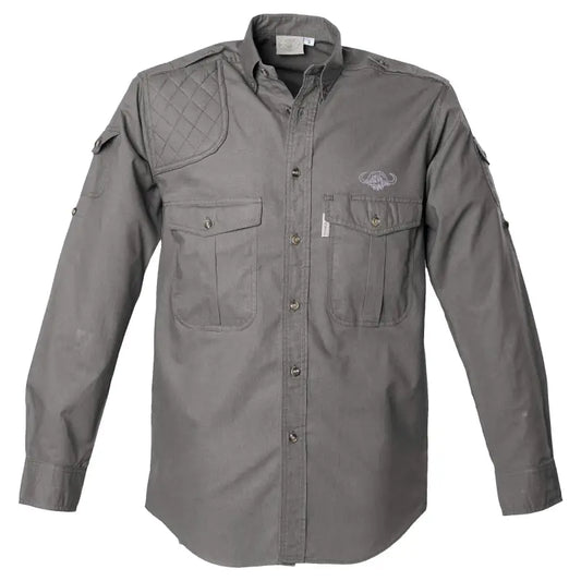 Gray button-up Shooter Shirt for Men with embroidered buffalo logo and functional epaulettes