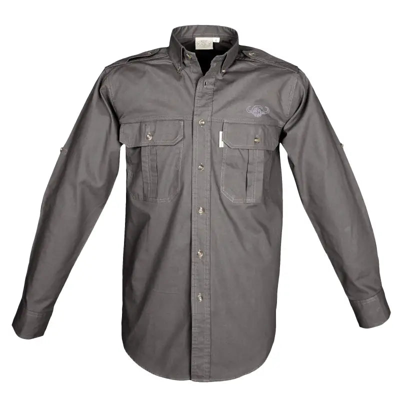 Gray Trail Shirt for Men L/Sleeve with Embroidered Buffalo Logo and Functional Shoulder