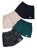 Four athletic Gray Camo Boxer Shorts in black, beige, dark green, and gray camouflage