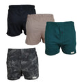 Four pairs of men’s camo boxer shorts in black, khaki, green, and camouflage patterns