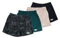 Four athletic shorts in black camouflage, forest green, beige, and navy blue camo boxer shorts