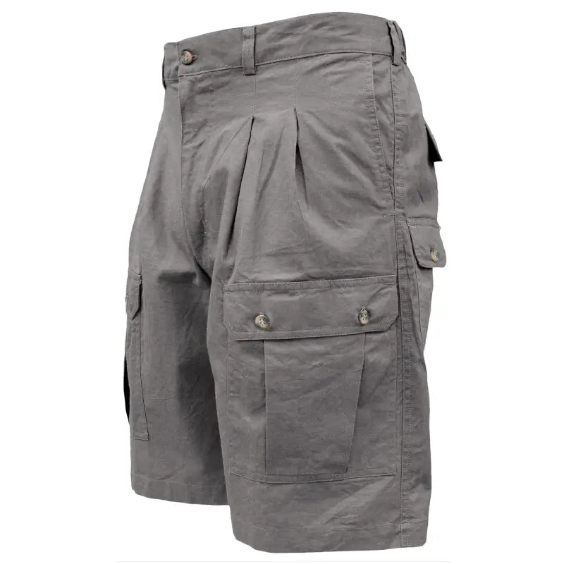 Gray Adventure Shorts for Men featuring cargo pockets and pleated front design