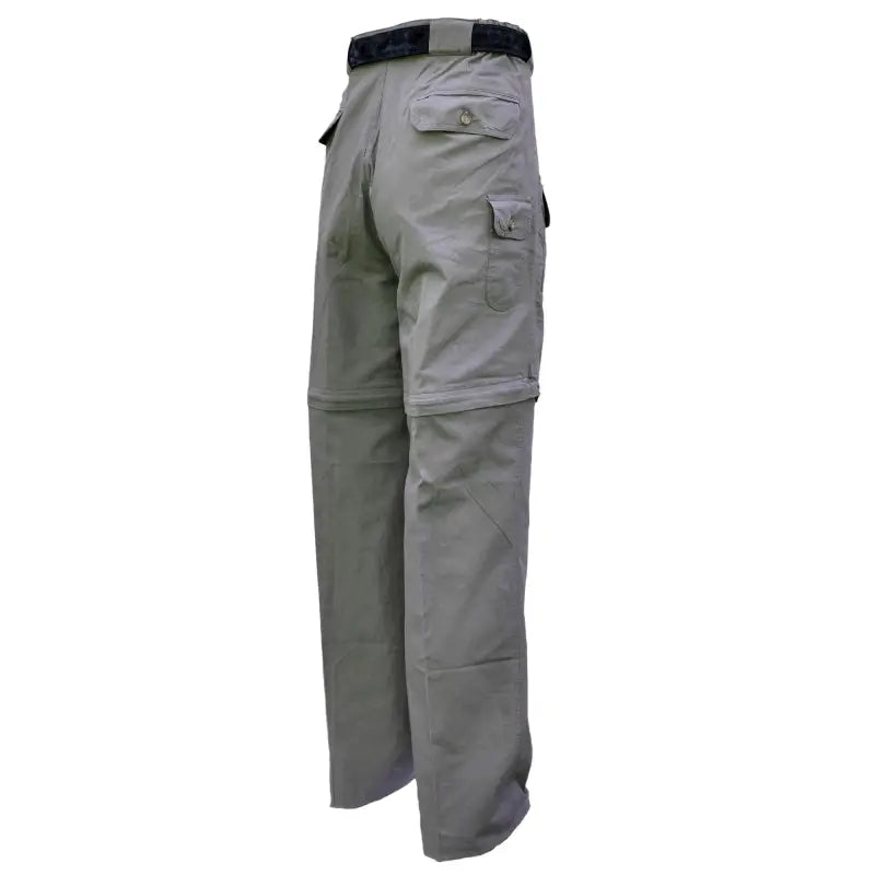 Gray Zambezi Convertible Zip Off Safari Pants for Men with four flap cargo and elastic waist accents