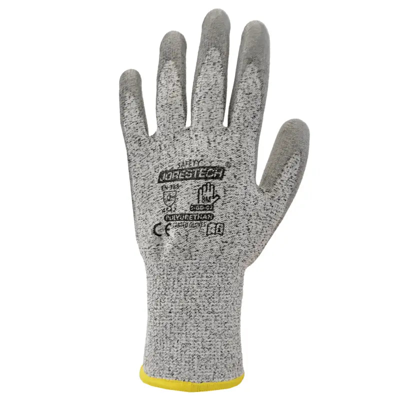 Gray cut-resistant safety work gloves with polyurethane dipped palms for finger dexterity