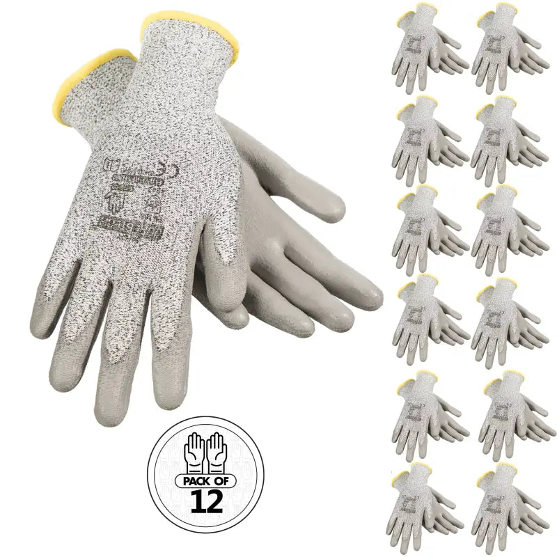 Gray cut-resistant safety work gloves with polyurethane dipped palms for finger dexterity