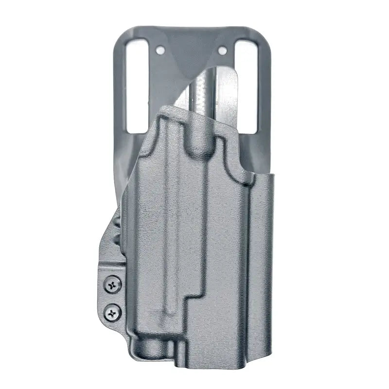 Gray gun holster for Glock 19 with Nightstick TCM-10 weapon lights competition holster