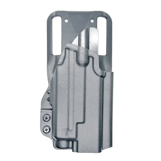 Gray gun holster for Glock 19 with Nightstick TCM-10 weapon lights competition holster