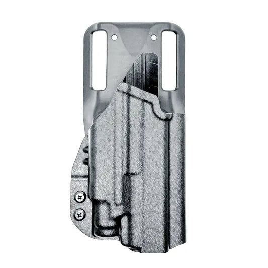 Gray gun holster for Glock 43X with light mounted, ideal for first responders