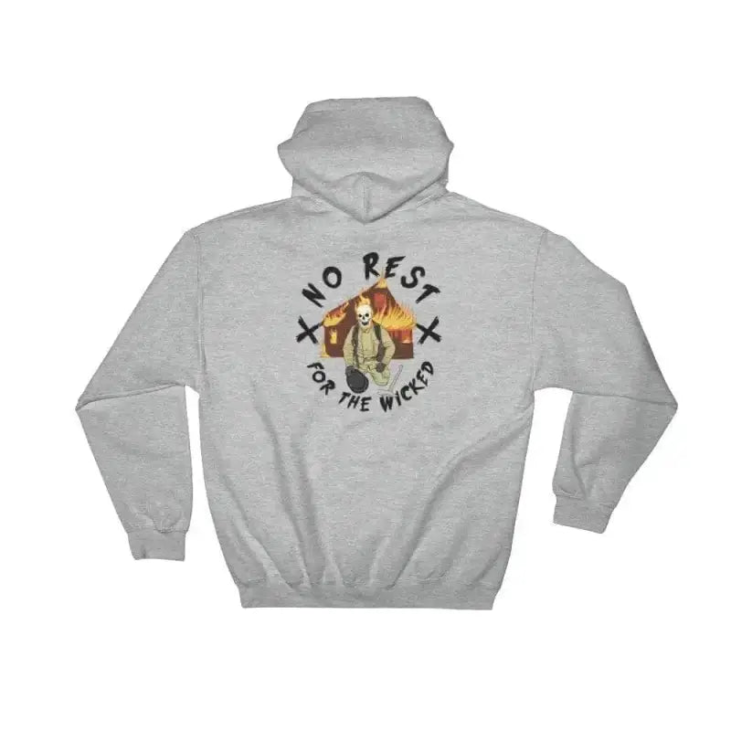 Gray Hooded Sweatshirt with No Rest for the Wicked graphic design in Sport Grey