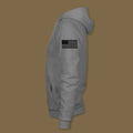 Gray hooded sweatshirt with flag patch, featuring the Deck Gun Hoodie design