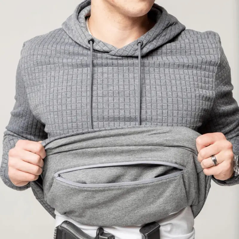Gray hoodie with kangaroo hand pocket from Standoff Concealment Hoodie Mk.II, ideal for concealment