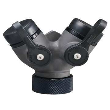Gray fire hose wye with shutoff valves for firefighters and first responders safety