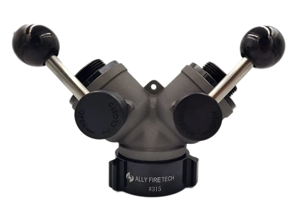 Gray fire hydrant splitter with black handles for gated wyes used by first responders