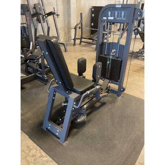 Gray inner and outer thigh exercise machine for first responders, firefighters, and police