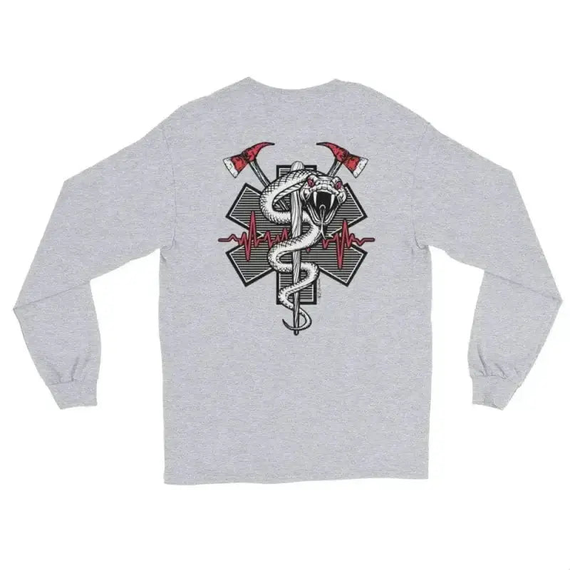 Gray long sleeve shirt with firefighter EMT symbol and axes design on back