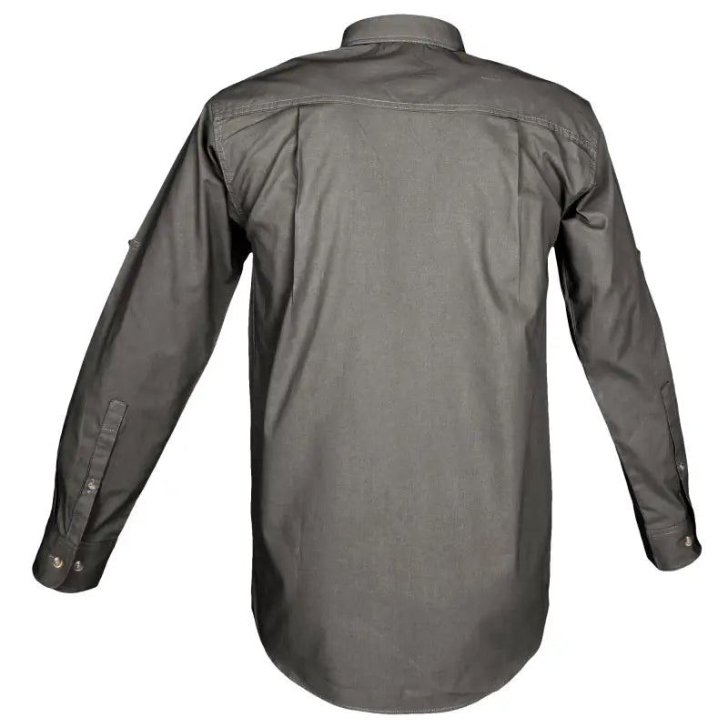 Gray long-sleeved trail shirt for men with chest pockets, view from back