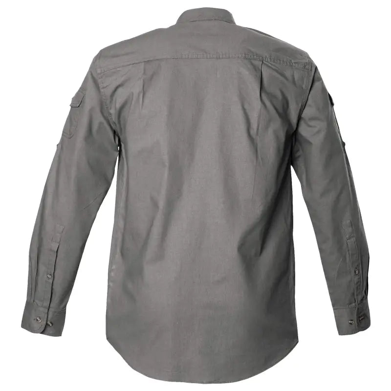 Back view of Gray long-sleeved Shooter Shirt with Embroidered Buffalo Logo