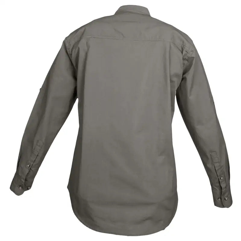 Gray long-sleeved button-up safari trail shirt for women, ideal essential outdoor gear