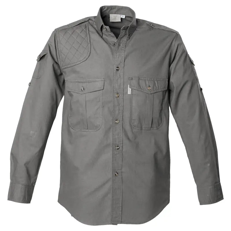 Gray long-sleeved tactical shirt with chest pockets, ideal for shooting patch or safari shirt inspired adventures