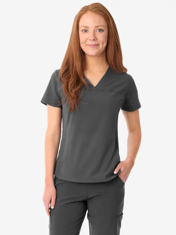 Gray women’s stash-pocket scrub top with v-neck and short sleeves for comfort and style