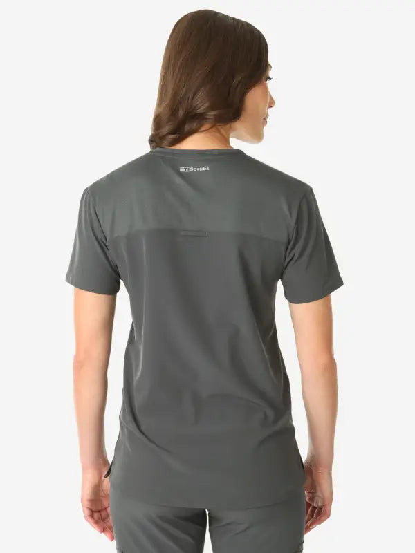 Back view of Gray Women’s Tuckable One-Pocket Scrub Top, perfect for healthcare professionals