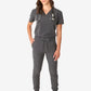 Gray women’s tuckable one-pocket scrub uniform with jogger-style pants and v-neck top