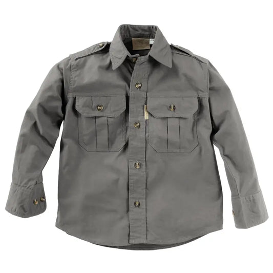 Gray Trail Shirt for Kids featuring chest pockets and epaulettes for first responders