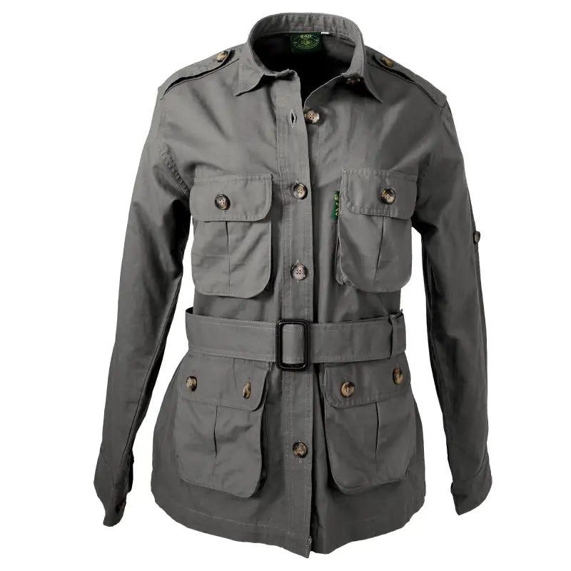 Gray Safari Jacket for Women featuring two buttoned flaps and functional Swiss tabs